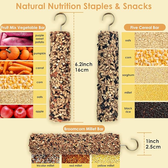 KATUMO 3PCS Bird Treats Parrot Crunch Sticks Parakeet Grains Mixed Treats Cockatiel Snacks Budgie Food Sticks for Lovebird Conure Myna Canary Parrots