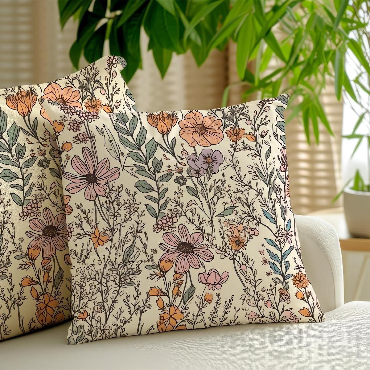 2 Pcs Vintage Floral Throw Pillow Covers, Spring Decorative Throw Pillow Cases Boho Cushion Covers Rustic Decoration for Couch Sofa Bed Bedroom Apartment Dorm Living Room Office Home Decor