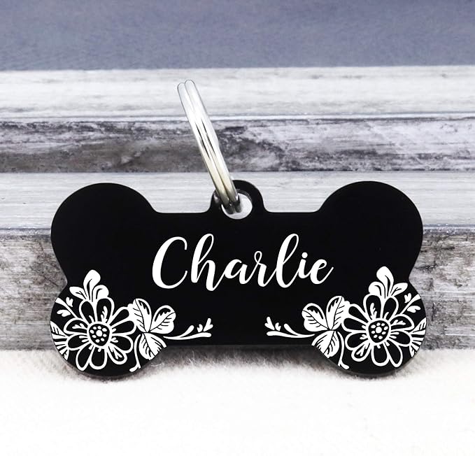 UltraJoys Stainless Steel Pet ID Tag Dog Name Tags Personalized Front and Back Engraving,Customized Dog Tags and Cat Tags,Optional Engraved on Both Sides,Bone Tag with Floral Design,Small,Black