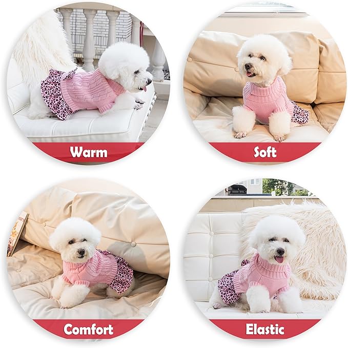 WOYYHO Girl Dog Sweater Dress with Bowtie Turtleneck Small Dogs Sweater with Leash Hole, Knitted Small Dog Sweaters Dress Puppy Winter Clothes for Yorkies Chihuahua (Medium, Pink Leopard)