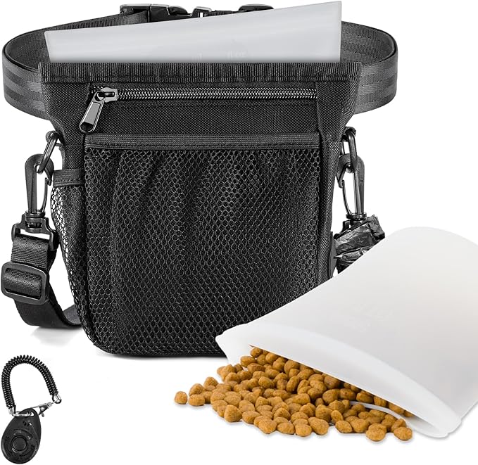 Dog Treat Pouch, Dog Treat Pouches for Pet Training with Clicker, Adjustable Belt, Shoulder Strap, Poop Bags roll, 3 Ways wear, for Outdoor Walks, Training, and Travel, 2 Silicone Bags