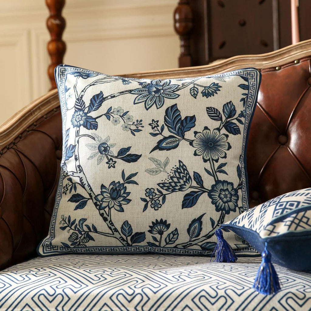 Chinoiserie Throw Pillow Covers,Classic Chinoiserie Blue and White with Floral Pattern Linen Throw Pillowcases,Decorative Square Cushion Covers for Couch Bed Car,18x18 Inches