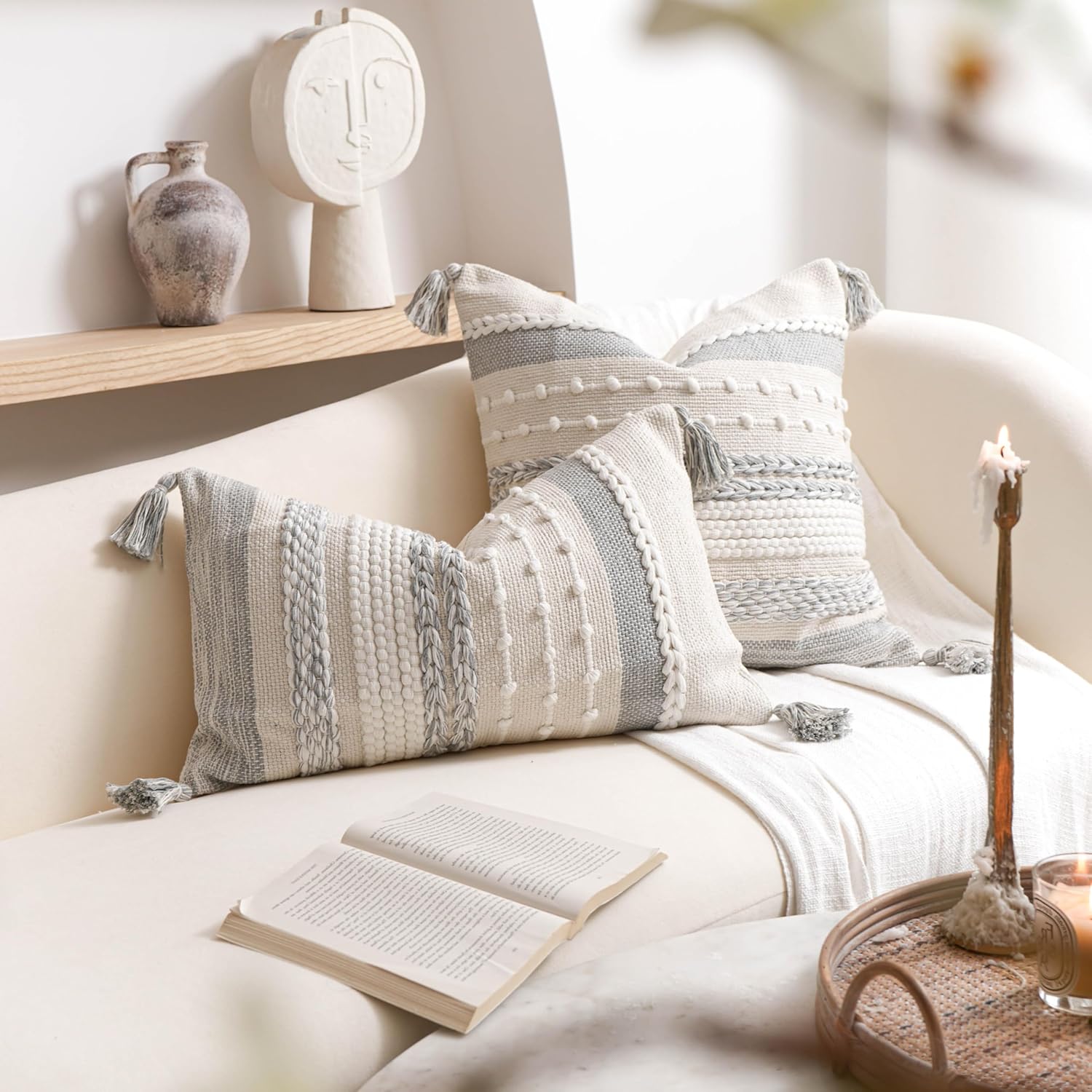 BlissBlush Gray Boho Decorative Throw Pillow Cover 22x22 Square Farmhouse Accent Cushion for Couch Sofa Livingroom Bedroom Pillowcase Modern Home Décor (Pack of 1)