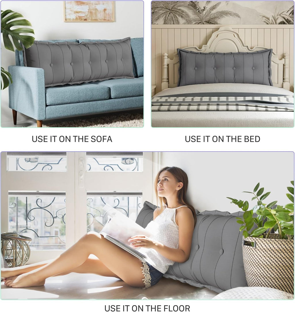 Large Bolster Reading Pillow Full Backrest Positioning Support Pillow Daybed Cushion Headboard Pillows for Bed Bunk Sofa with Removable Cover, Grey, 54x3x20 Inch