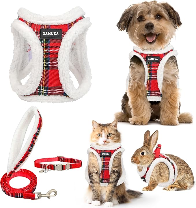 GAMUDA Small Dog Harness Collar and Leash Set, Step in No Chock No Pull Soft Mesh Adjustable Dog Vest Harnesses Plaid Reflective for Dogs Puppy Cats Kitten Rabbit (Warm Red, S)