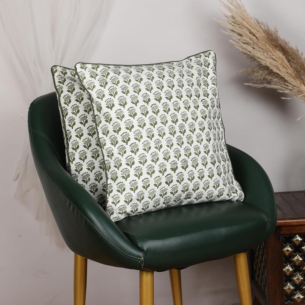 SheetKart Pure Cotton Throw Pillow Covers - Set of 2 - Hand Block Pure Cotton Printed Boho Decorative Pillow Covers - Cushion Covers for Living Room, Bohemian Theme, 16 x 16 Inches, Olive Petal