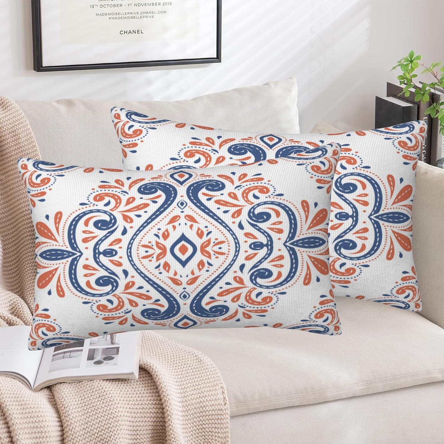 Throw Pillow Covers Blue and Orange Floral Pillow Covers 20x12 Inch Set of 2 Vintage Paisley Throw Pillows Decorative Pillow Cases Cushion Covers for Bedroom Livingroom Sofa Farm House