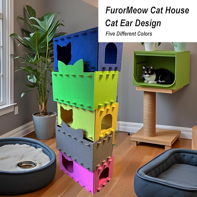 Cat House Cat Ear Design, Large Spacious Cozy Indoor Cat Bed Cave, Scratch Resistant Strong Thick Premium Felt Condo, Fun Hideaway for Multiple Cats, 21.5x13x11.6 inches (Blue)