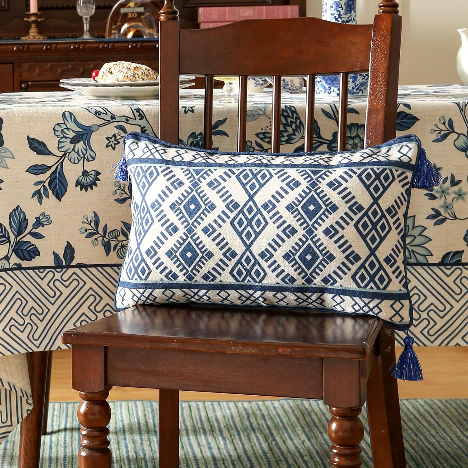 Chinoiserie Throw Pillow Covers,Classic Chinoiserie Blue and White with Striped Pattern Linen Pillowcases,Decorative Lumbar Cushion Covers for Couch Bed Car,12x20 Inches