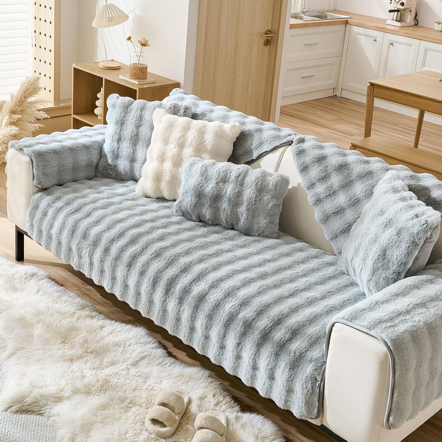 Faux Fur Couch Cover Fuzzy Soft Plush Thick Bubble Sofa Cover Luxury Sectional Couch Covers Luxury Anti-Slip Sofa Slipcover Washable Furniture Protector (Light Grey,36"x94")