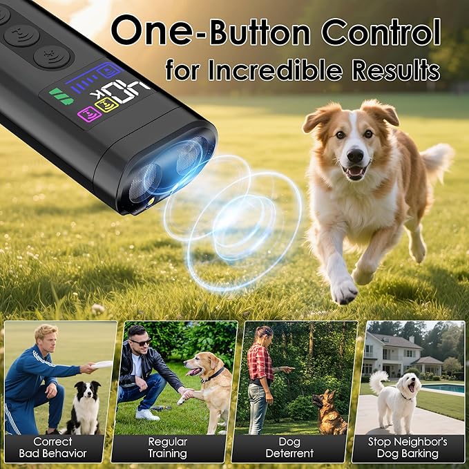Dog Bark Deterrent Device, 65 FT Range,3X Ultrasonic Bark Deterrent Device & Ultrasonic Dog Trainer - Anti-Barking Device with Color Display, Safe & Effective Alternative to Bark Collars - Black