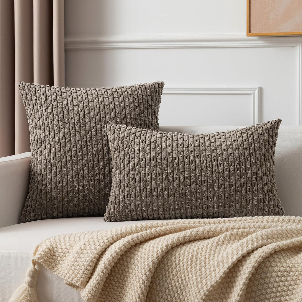 Kevin Textile 12x24 Inch Pillow Cover 1 Pack Boho Decorative Soft Striped Corduroy Lumbar Farmhouse Color Accent Rectangle Cushion Case for Living Room Couch Sofa Bed, Light Brown