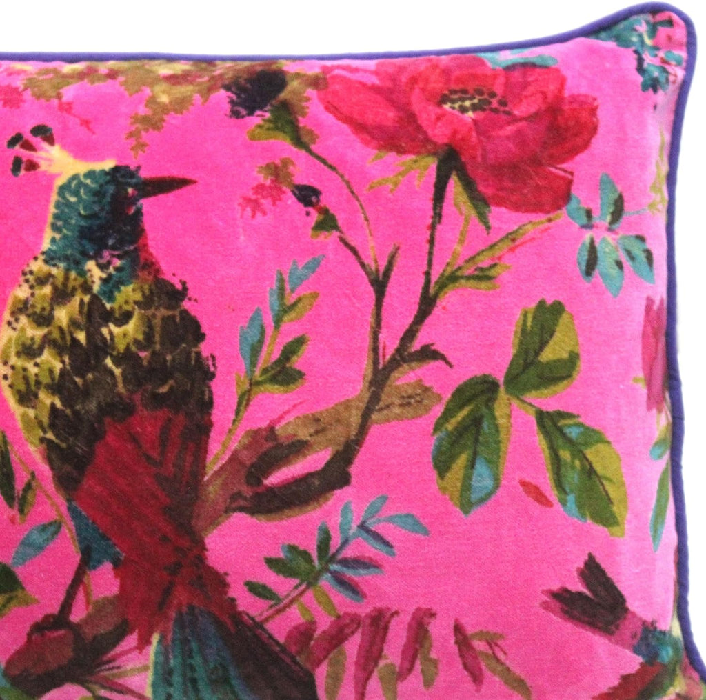 Eyes of India Velvet Floral Flower Bird Throw Pillow Sofa Cushion Cover Case Couch Colorful Boho Chic Bohemian Accent Indian Handmade (Pink, 20" x 12")