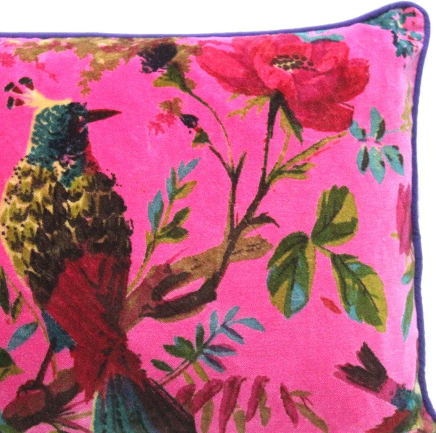 Eyes of India Velvet Floral Flower Bird Throw Pillow Sofa Cushion Cover Case Couch Colorful Boho Chic Bohemian Accent Indian Handmade (Pink, 20" x 12")