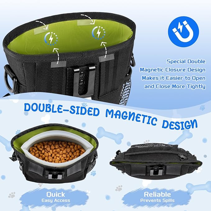 Dog Treat Pouch, Dog Treat Pouches for Pet Training with Clicker, Adjustable Belt, Shoulder Strap, Poop Bags roll, 3 Ways wear, for Outdoor Walks, Training, and Travel, 2 Silicone Bags