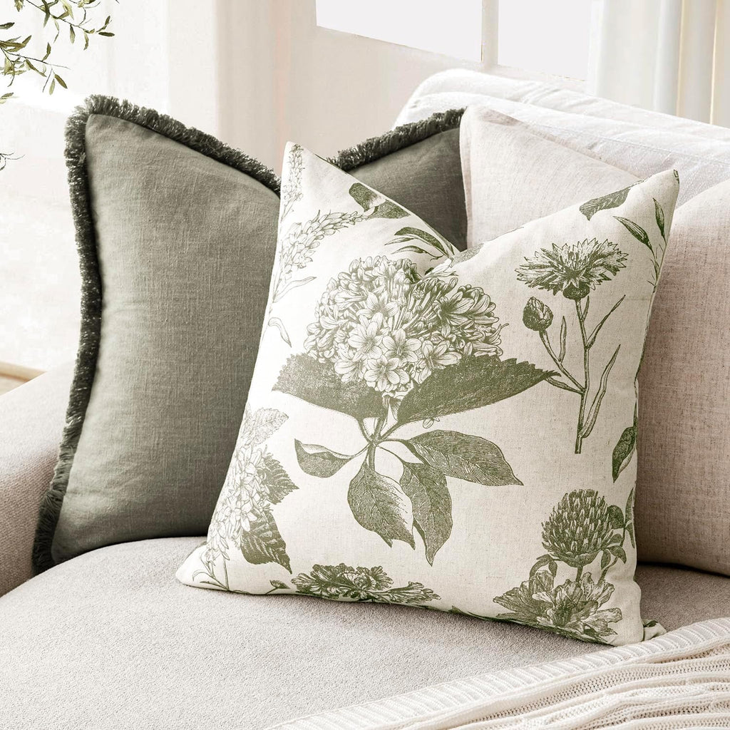 Foindtower Set of 2 Linen Floral Throw Pillow Covers Neutral Vintage Print Decorative Cushion Covers Farmhouse Boho Home Decor for Sofa Chair Couch Bedroom Living Room,22×22 Inch,Sage Green