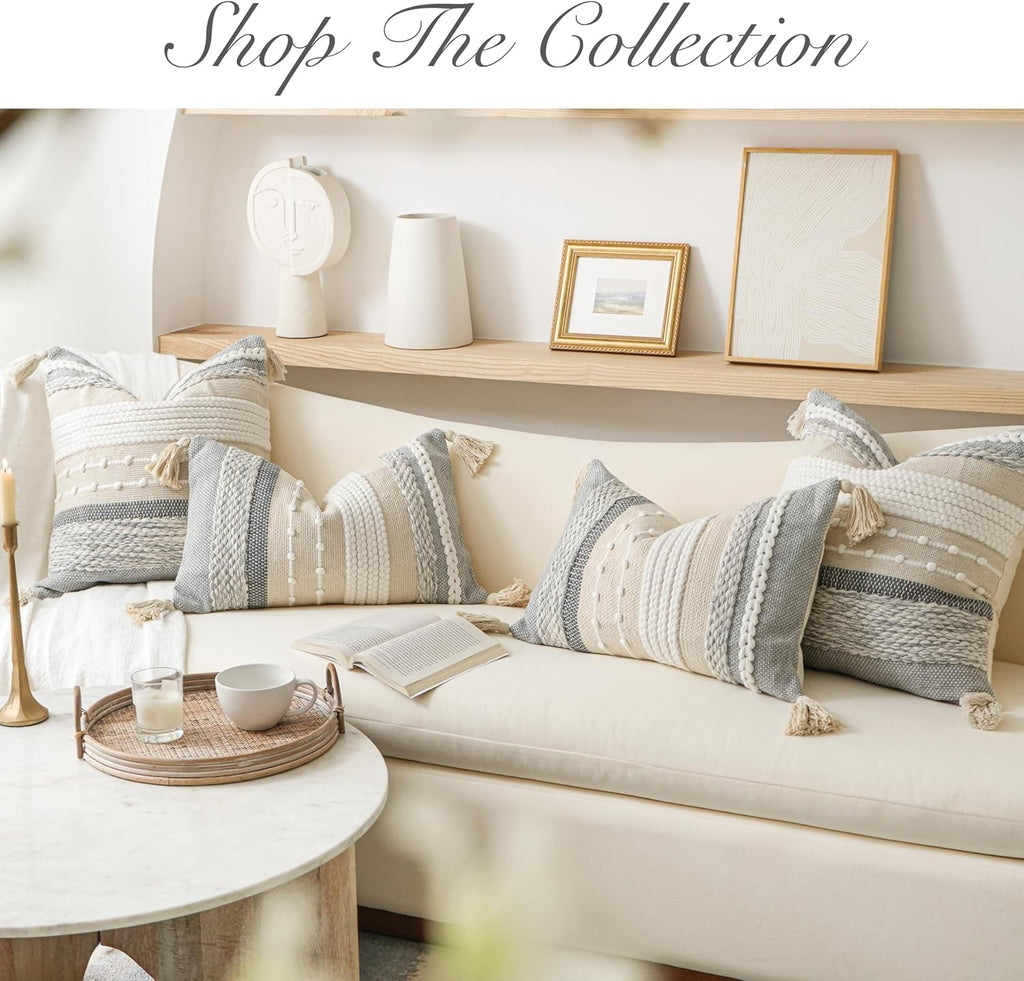 BlissBlush Decorative Lumbar Throw Pillow Cover 14x24 Boho Gray Accent Cushion for Couch Sofa Farmhouse Pillowcase for Bedroom Living Room Home Décor Cover ONLY
