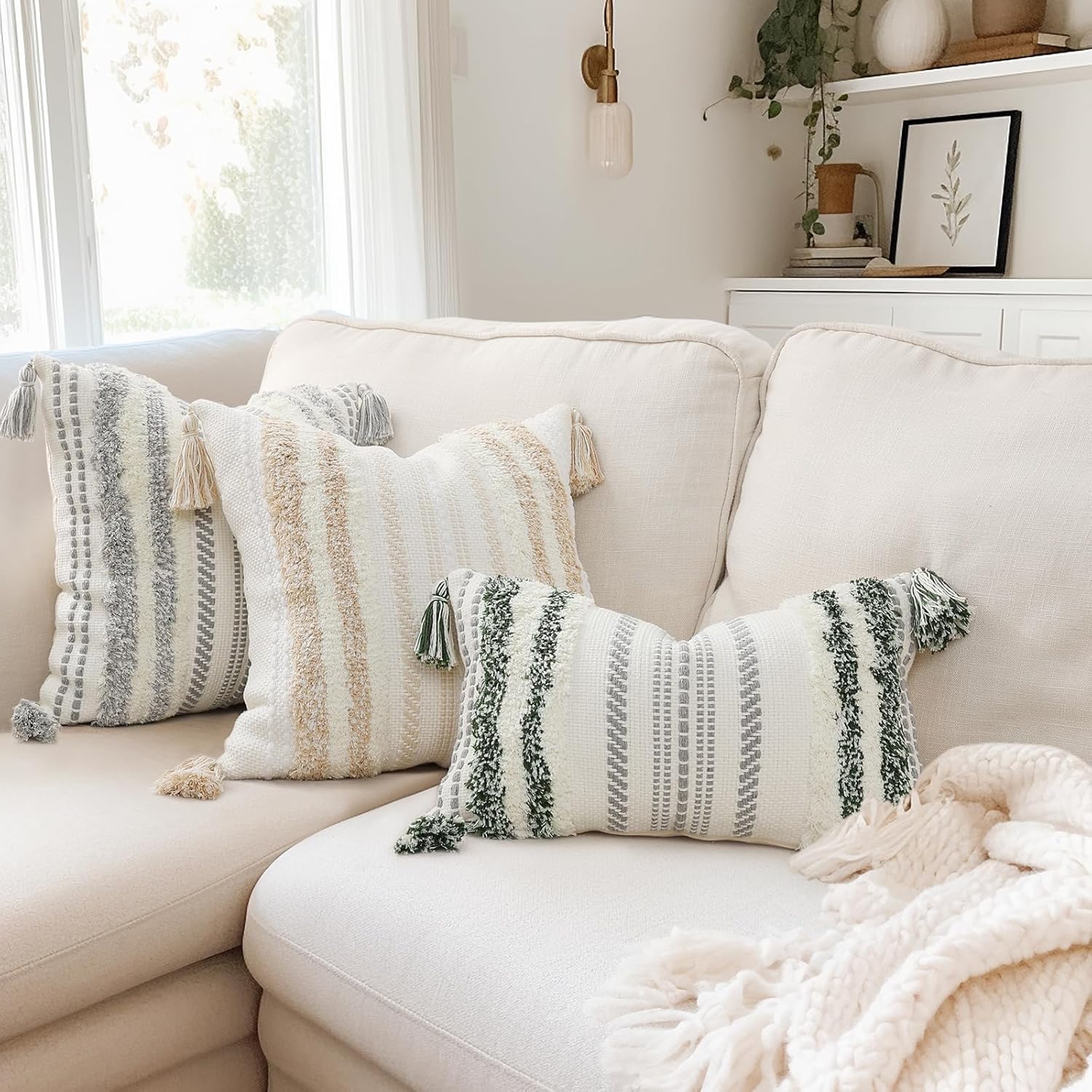 decorUhome Decorative Boho Throw Pillow Covers 18x18 Set of 2, Accent Neutral Textured Tufted Pillow Covers Striped for Couch Bed Sofa Living Room, Grey and Cream White