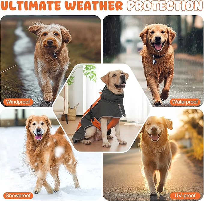 Dog Raincoat, Waterproof Dog Coat with Reflective Straps, Leash Hole & Polar Fleece Lining, Winter Snow Rain Coat for Small, Medium & Large Dogs, Warm, Windproof Vest Jackets