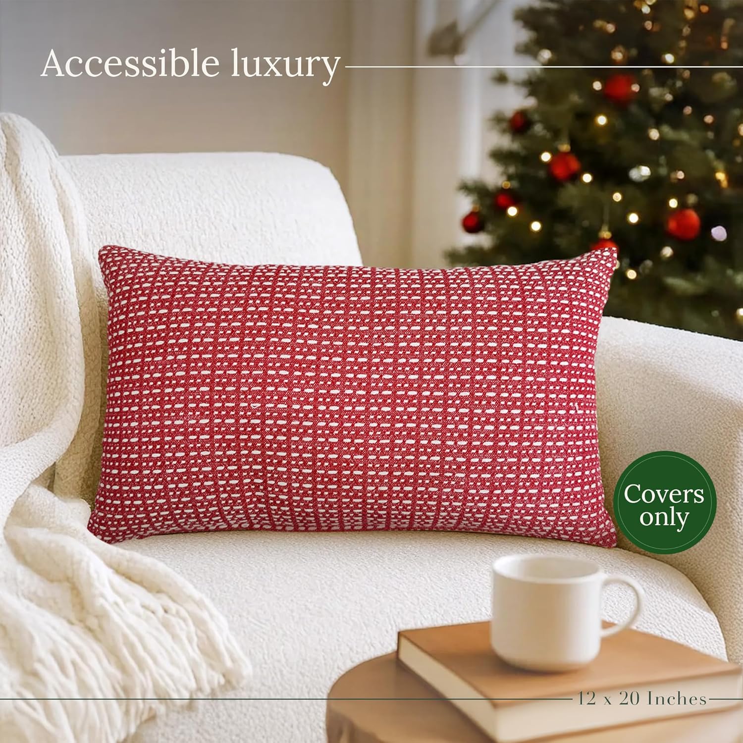 SanVia Sangria Premium Lumbar Cotton Throw Pillow Covers, 12 x 20 Inches, Luxury Holiday Themed Handwoven Couch Pillow Covers, Hidden Zipper, Elegant Home Décor, Insert Not Included