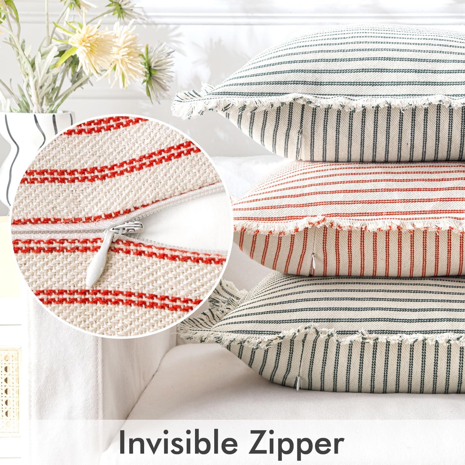 MIULEE Pack of 2 Christmas Red Pillow Covers 20x20 Inch Striped Farmhouse Couch Throw Pillow Covers with Fringe Chic Linen Decorative Cushion Covers for Sofa Living Room Bed Outdoor Home Decor