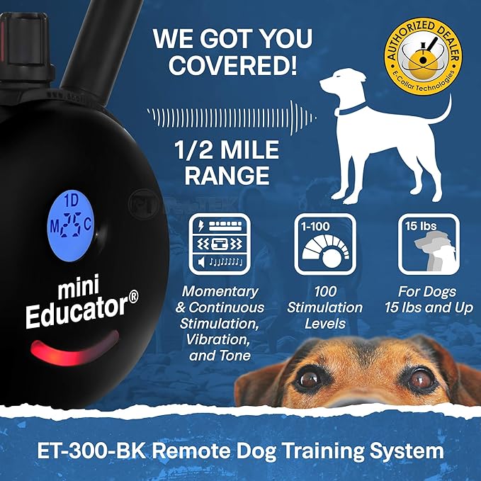 Educator - ET-300 Black - Ecollar Dog Training Collar with Remote Control - 1/2 Mile Range, Waterproof, Rechargeable, 100 Training Stimulation Levels, Vibration and Tone W/PetsTEK Training Clicker