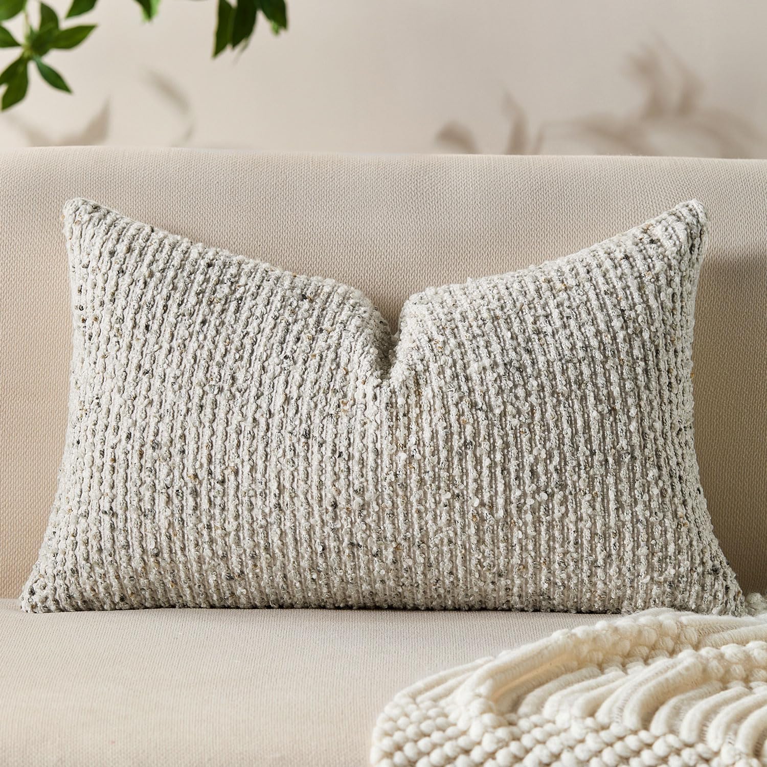 Decorative Lumbar Pillow Cover 12x20 Cream Gray Striped Soft Wool Lumbar Throw Pillow Neutral Textured Boho Cushion Covers for Modern Farmhouse Sofa Bedroom Living Room Decor SY011-B12