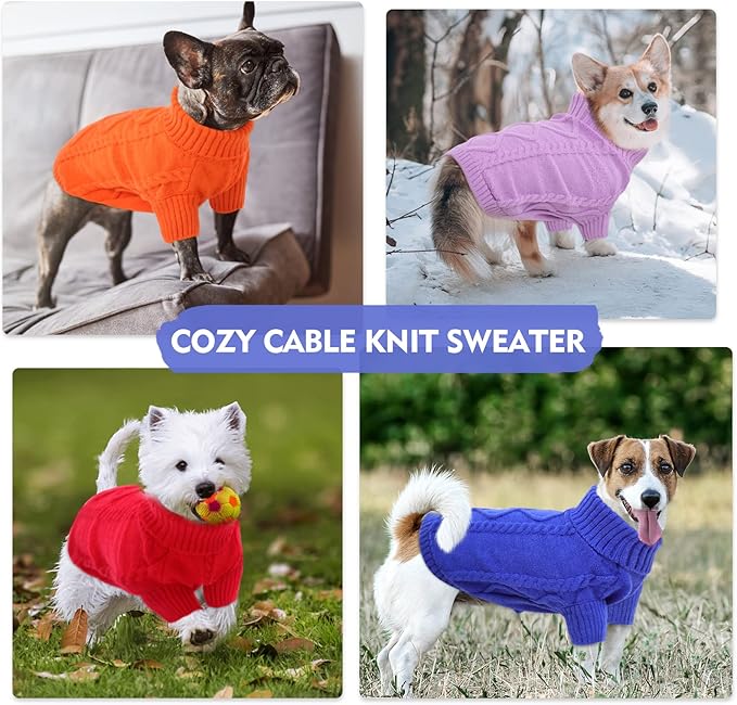 Queenmore Small Dog Pullover Sweater, Cold Weather Cable Knitwear, Classic Turtleneck Thick Warm Clothes for Chihuahua, Bulldog, Dachshund, Pug (Orange, X-Large)