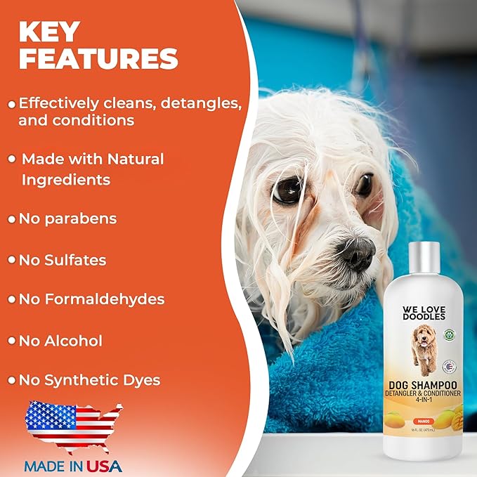 Dog Shampoo and Conditioner & Detangler - Best Goldendoodles, Poodles & Doodle Shampoo for Smelly Dogs - Sensitive Skin Puppy Shampoo - Made in The USA, Doodle Must Haves, 16OZ (Mango)