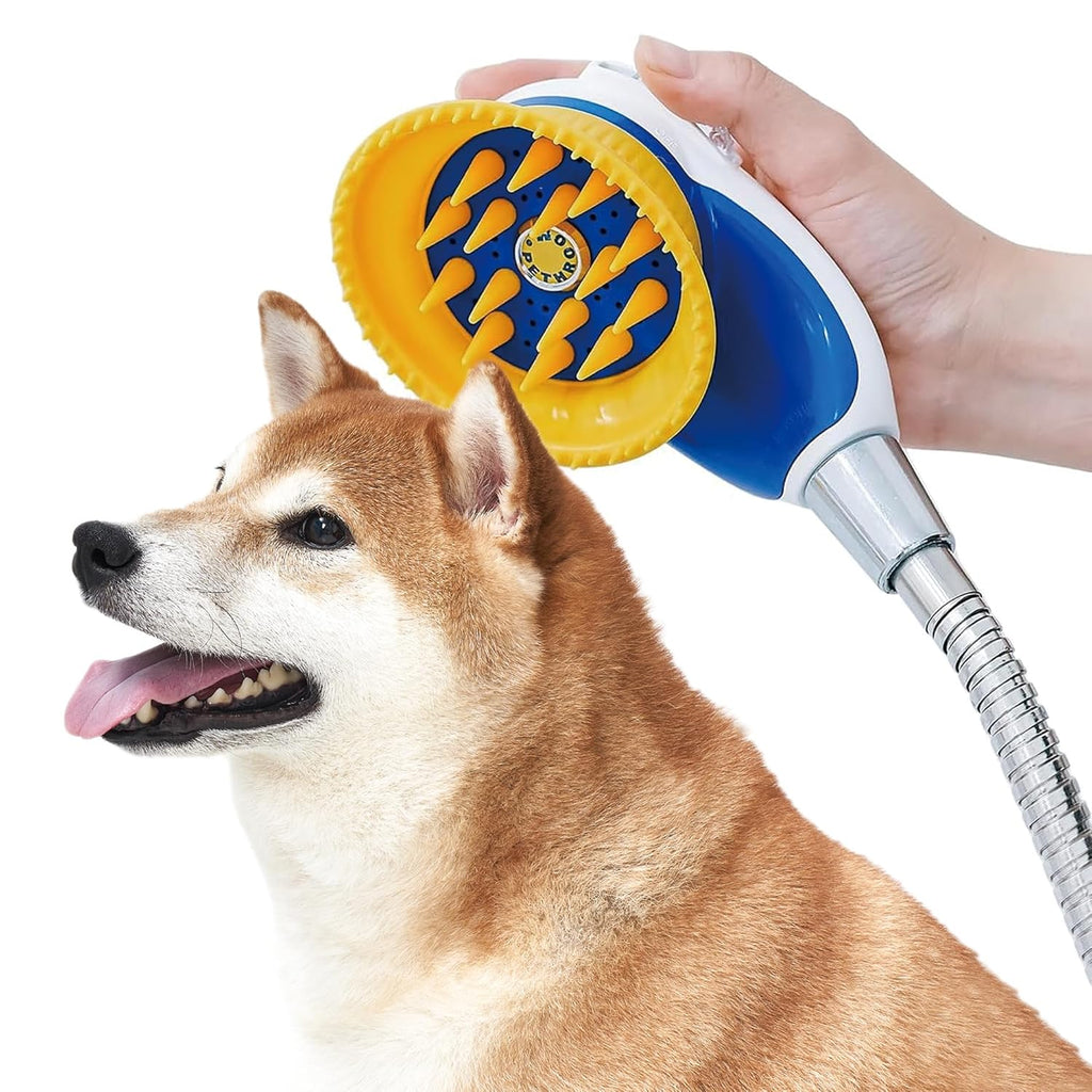 [PETHROOM] Pet Relaxing Grooming Brush Scrubber Shower Wash Head Attachment for Dogs and Cats Spa Washing and Bathing | Dog Cat Hair Deshedding Splash Shield | Massage Rubber Bath Tool