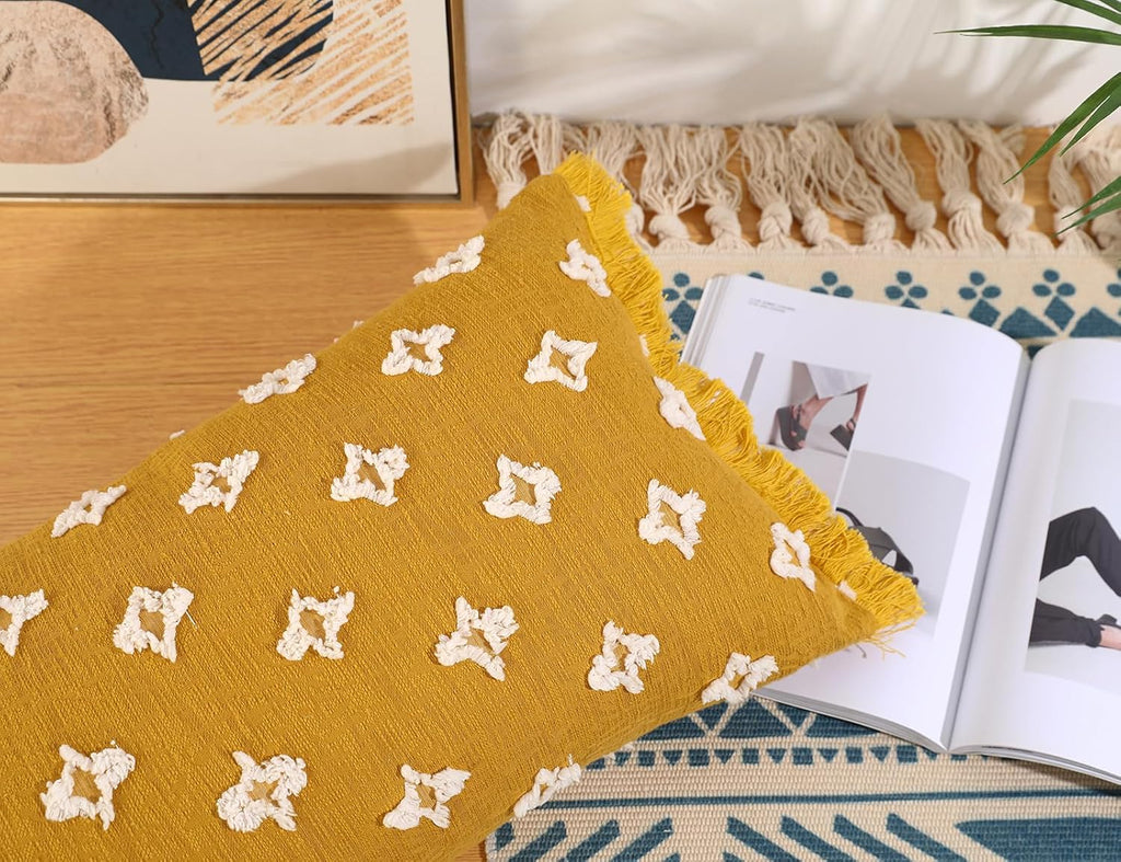 Boho Long Lumbar Pillow Cover 12x26 with Tassel,3D Flower Patterned Cotton Decorative Long Lumbar Pillow Cover Pillow Case for Sofa Couch Bed Livingroom Farmhouse,Yellow