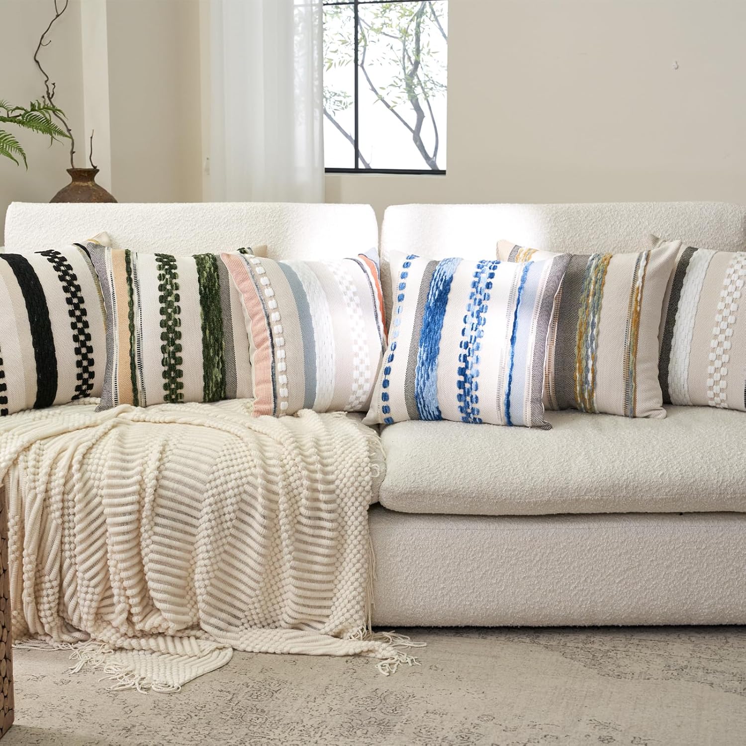 Aeckself Boho Throw Pillow Covers 18x18 Inch Set of 2, Farmhouse Decorative Striped Square Pillow Covers Chenille Tufted Pillow Cases Accent Neutral Pillowcase for Living Room Couch Bed, Orange Blue