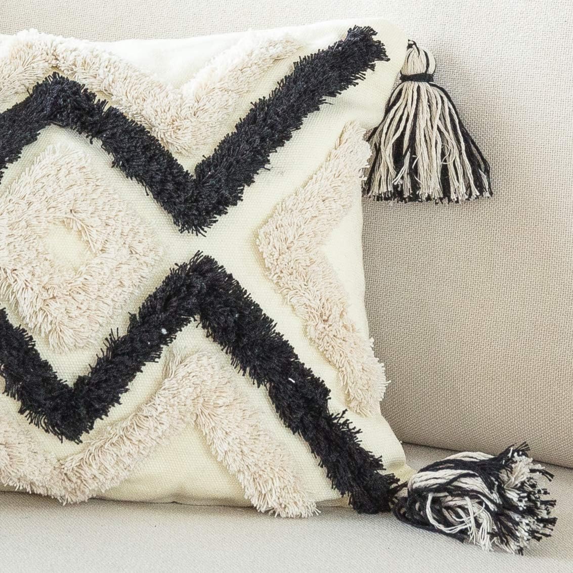 Woven Tufted Boho Lumbar Throw Pillow Cover, Modern Decorative Geometric Chevron Cushion with Tassels, Farmhouse Tribal Pillowcase for Couch Sofa Bedroom Living Room, 12 x 20 Inches, Black, Ivory