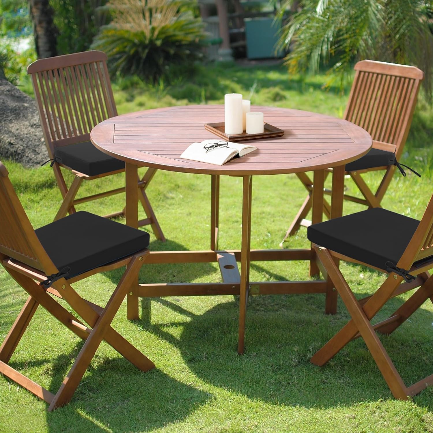 Outdoor Chair Cushions Set of 4: Waterproof & Fade Resistant Deep Seat Cushion for Patio Furniture - 24 x 24 x 3 Inch Chair Pads with Ties and Hidden Zipper - Patio Chair Cushion Replacement, Black