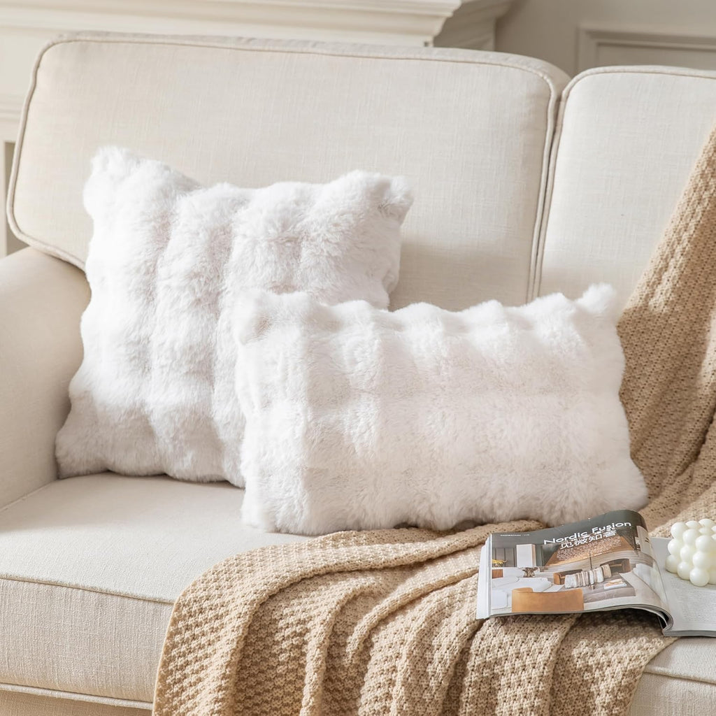 Pack of 2 Thick Plush Throw Pillow Covers Fluffy Wave Faux Fur Decorative Cushion Covers Soft Wool Pillowcase for Sofa Couch Livingroom 12x20 Inch White