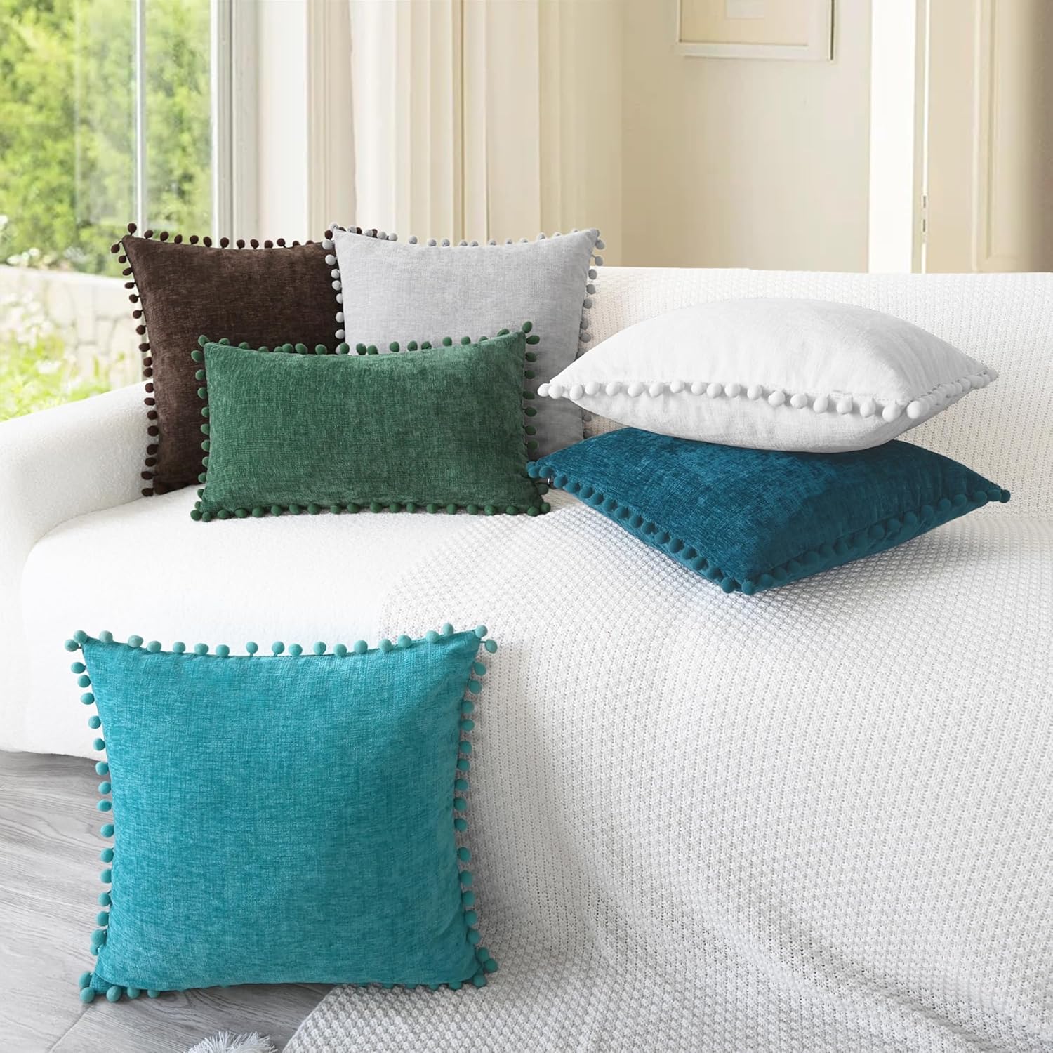 CaliTime Throw Pillow Covers Decorative 12 X 12 Inches Pack of 2 Cozy Solid Dyed Soft Chenille Cushion Cases with Pom Poms for Couch Sofa Bed Living Room Home True White