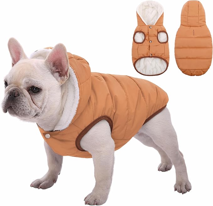 Dog Fleece Hoodie, Windproof Waterproof Dog Coat, Winter Warm Dogs Jacket, Cold Weather Pet Apparel Clothes Vest for Small Dogs Khaki, XS