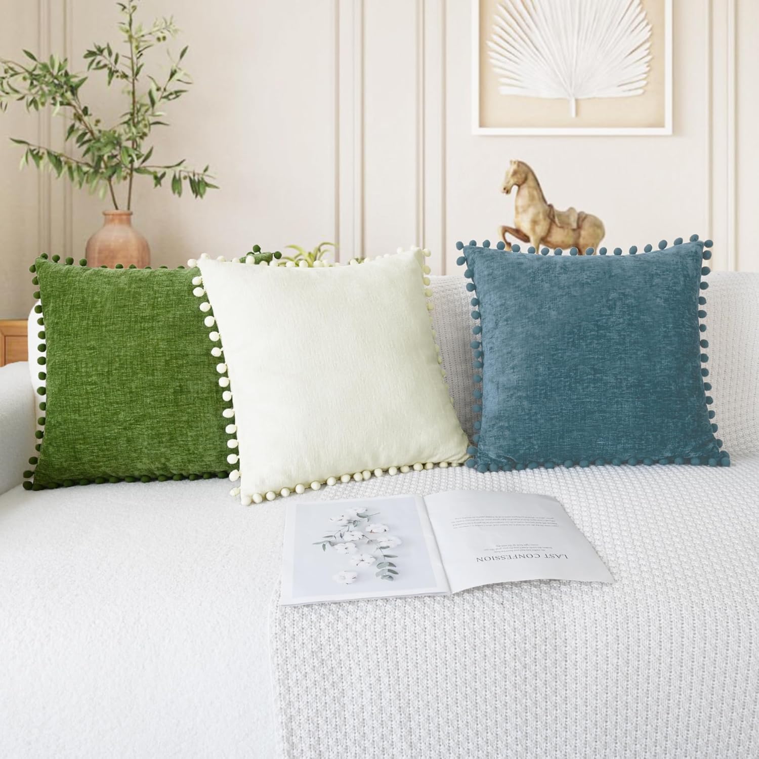 CaliTime Throw Pillow Covers Decorative 22 X 22 Inches Pack of 2 Cozy Solid Dyed Soft Chenille Cushion Cases with Pom Poms for Couch Sofa Bed Living Room Home Smoke Blue