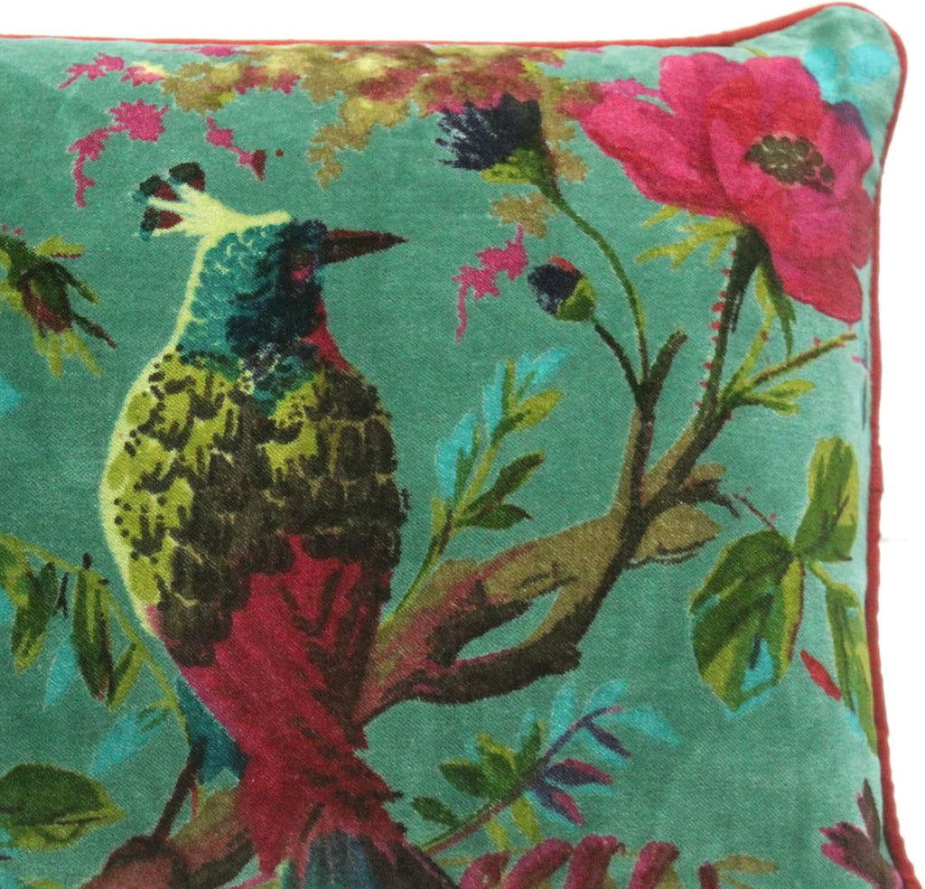Eyes of India Velvet Floral Flower Bird Throw Pillow Sofa Cushion Cover Case Couch Colorful Boho Chic Bohemian Accent Indian Handmade (Green, 20" x 12")