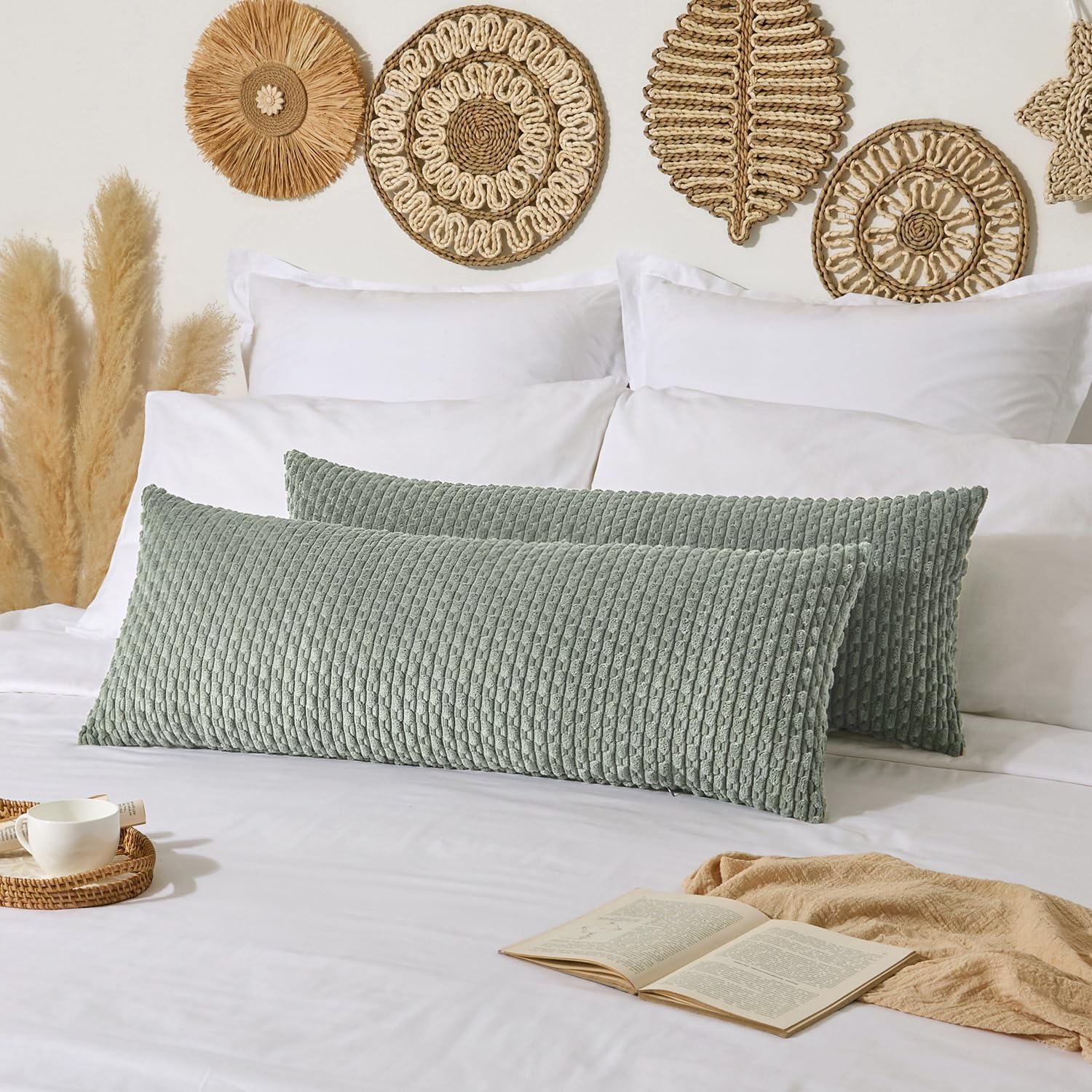 Kevin Textile 20x54 Inch Long Body Lumbar 1 Pack Boho Decorative Throw Pillow Cover Soft Striped Corduroy Rectangle Cushion Case Farmhouse Accent for Living Room Couch Sofa Bed, Greyish Green