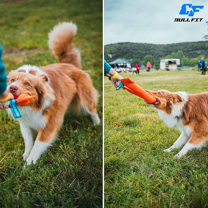 Bull Fit Horseshoe Dog Bite Tug Toy - Tug of War Dog Toy for 2 Dogs to Play - Made of Durable & Tear-Resistant French Linen - Safe, Wide & Comfortable Grip - Ideal for Medium to Large Breed Training