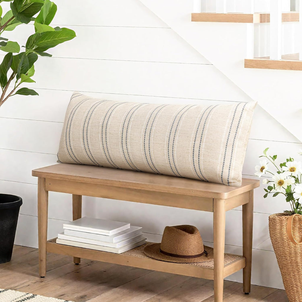 AELS 14x36 Decorative Lumbar Throw Pillow Covers, Farmhouse Linen Textured Long Pillow Case, Beige with White & Gray Stitch Boho Cushion Cover for Couch Living Room (Cover ONLY)