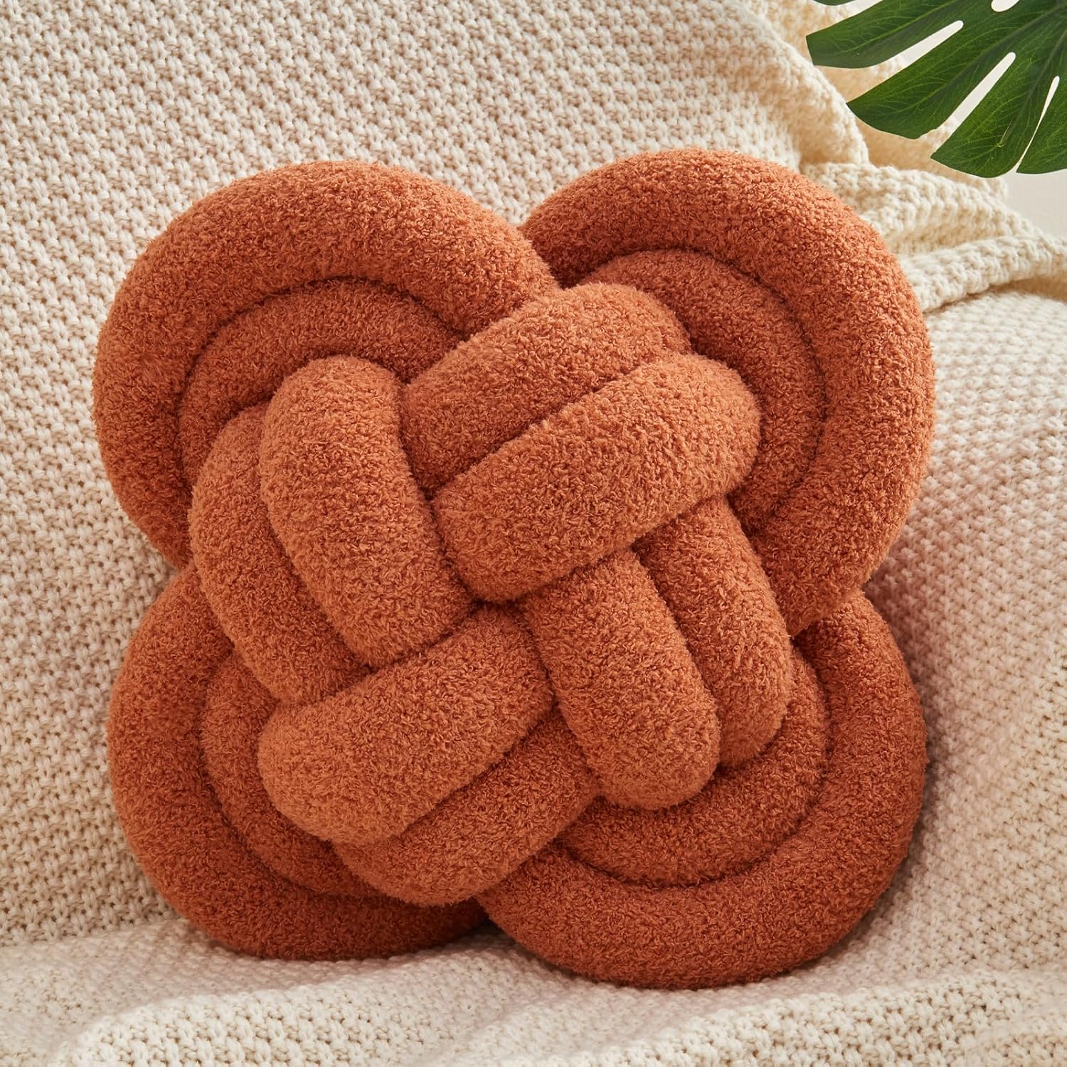 Xiashrk Knot Pillow Ball, 12" Soft Decorative Throw Pillows for Couch Bed, Rust Red Knotted Plush Throw Pillow Handmade Square Cushion Home Couch Decor Pillows for Living Room