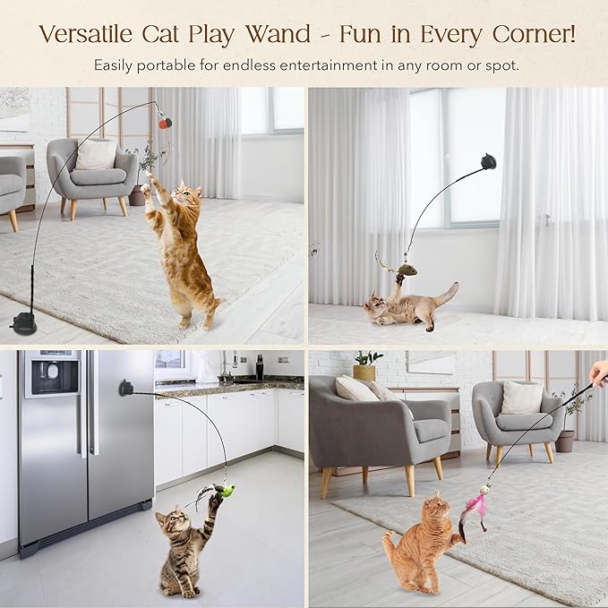 Interactive Suction Cup Cat Toy for Indoor Cat, Long Tail Feather Bird, Spring Wire Suctions to Ground, Hands Free Bird Simulation Cat Toy Wand Set that Sticks to Floor, Feathers & Bells