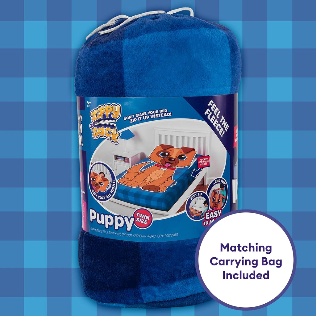 Bleacher Creatures ZippySack Twin Bed Zip-Up Bedding – Super Soft Fleece Fitted Blanket with Side Pocket & Durable Zipper – Easy Bed-Making for Kids (Dog)