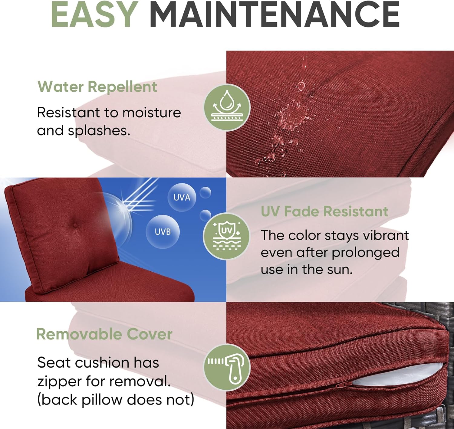 Outdoor Chair Cushion Set of 3, Waterproof Outdoor Seat Cushions 25x22, Patio Chair Cushions for Outdoor Furniture, Couch Cushion Replacement, Include 3 Back & 3 Seat Cushions, Button/Red