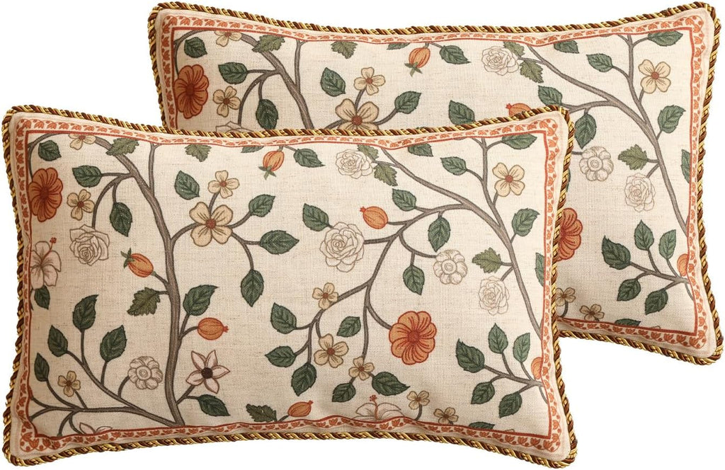 ISAENNE Design Linen Classic Throw Pillow Covers 12"x20" Pack of 2, French Farmhouse Rectangle Cushion Covers with Orange White Floral Pattern Decor Pillowcases for Bed,Living Room,Outdoor,Car