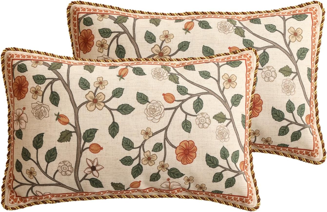 ISAENNE Design Linen Classic Throw Pillow Covers 12"x20" Pack of 2, French Farmhouse Rectangle Cushion Covers with Orange White Floral Pattern Decor Pillowcases for Bed,Living Room,Outdoor,Car