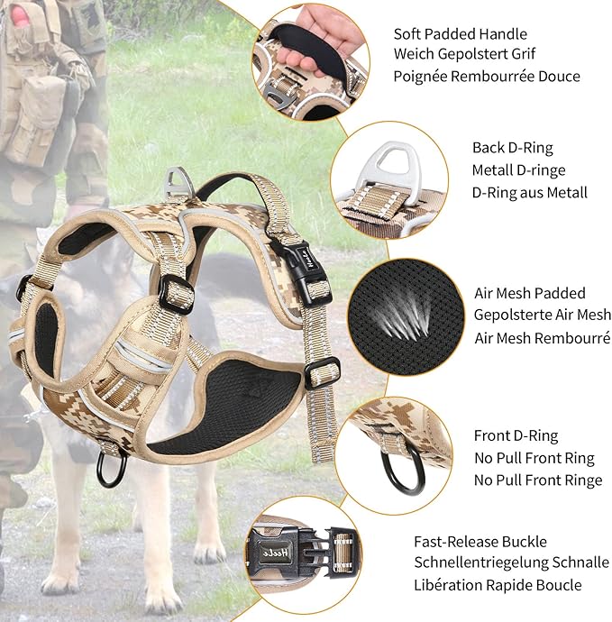 HEELE Dog Harness, No Pull Adjustable Padded Reflective Harness for Small Medium Large Dogs with Handle for Walking Training, Camo Tan, XL
