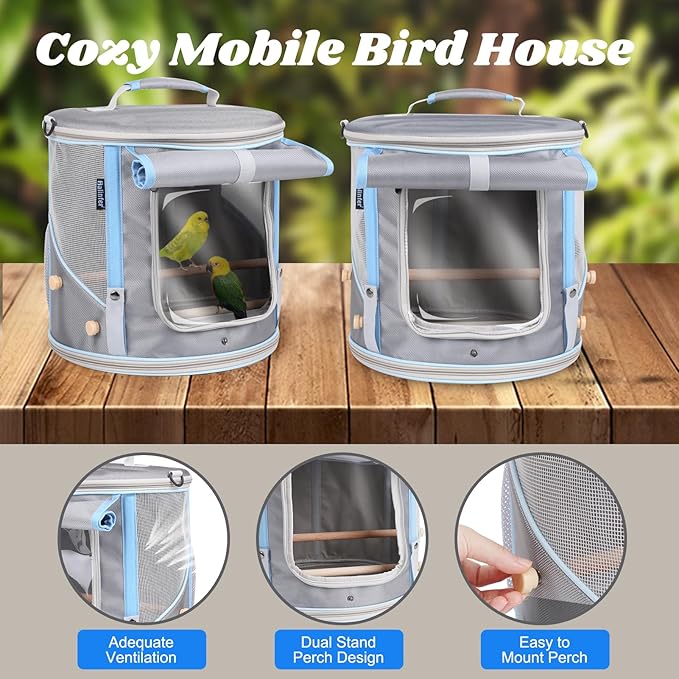 halinfer Bird Travel Carrier Cage for Small to Medium Size, Portable Parrot Parakeet Cockatile Conure Transport Cage with Clear Window and Fabric Shade, Round Carry Bird Bag
